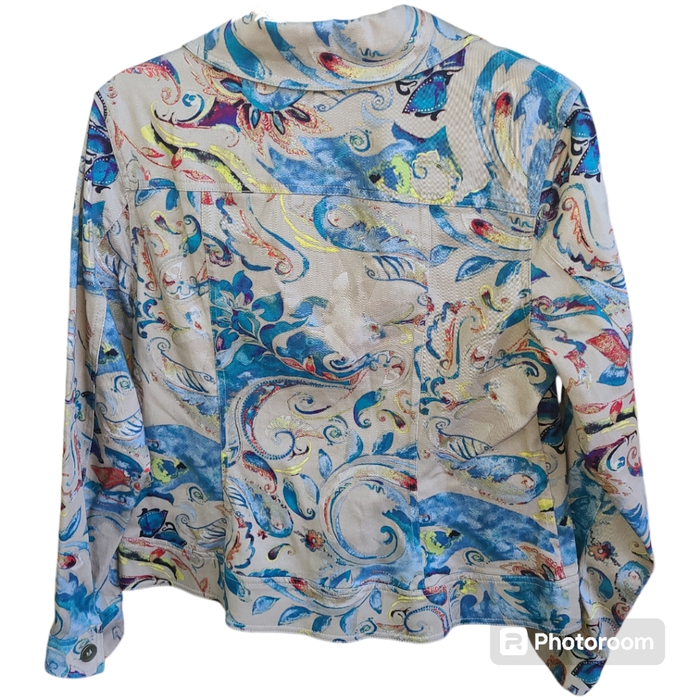 Chico's Floral Paisley Tan Blues Multi color cotton blend Women's Jacket‎ M - Picture 9 of 10
